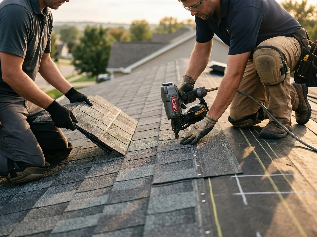 Professional roofer working on a residential roof in Barnstable Town